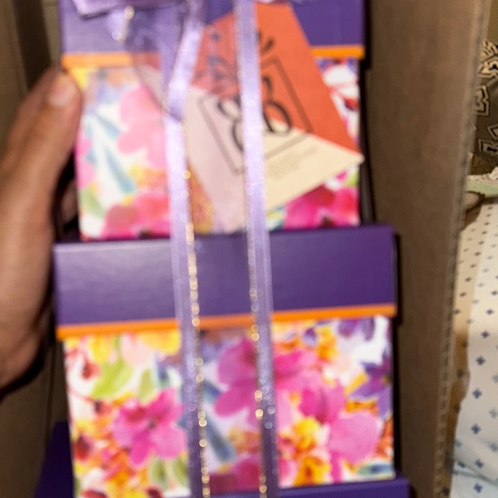 Empty Floral Purple Gift Box Tower Set 4 Nesting Boxes w/Ribbon Decorative